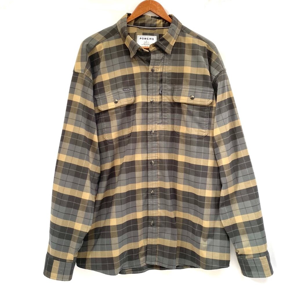 Poncho Mens The Teton Flannel Button Up Shirt Size XL Gray/tan Magnetic Pockets